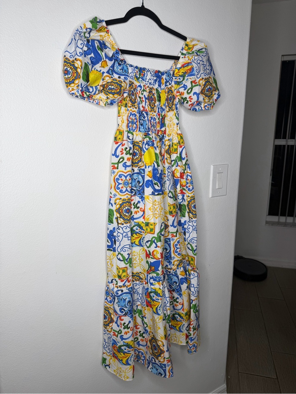 Tile-Print Smocked Maxi Dress with Puff Sleeves — White Multicolor